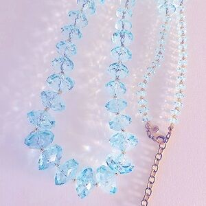 Premier Designs Ice blue necklace faceted graduated acrylic gold beads 30”